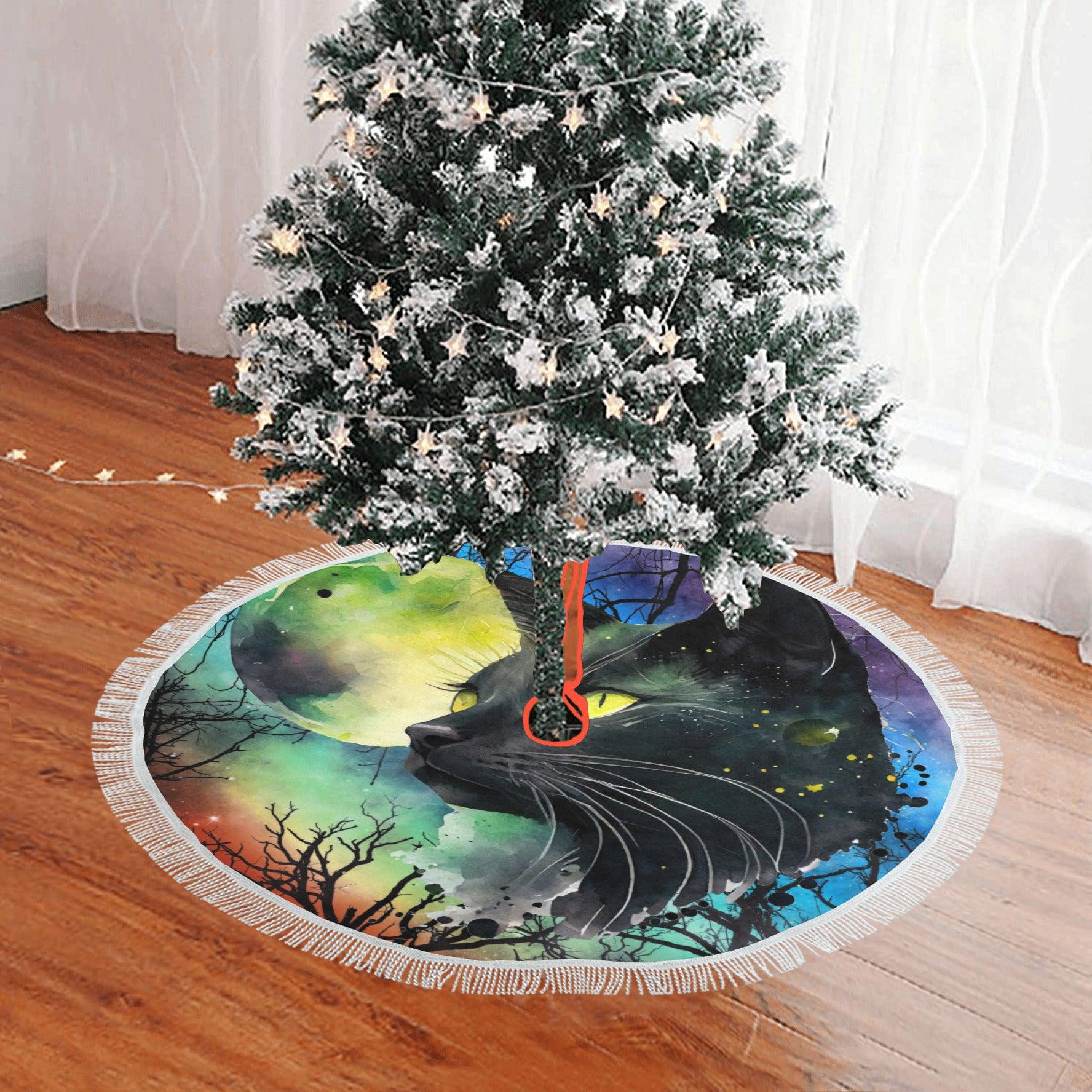 Moon black cat Christmas Tree Skirt-MoonChildWorld