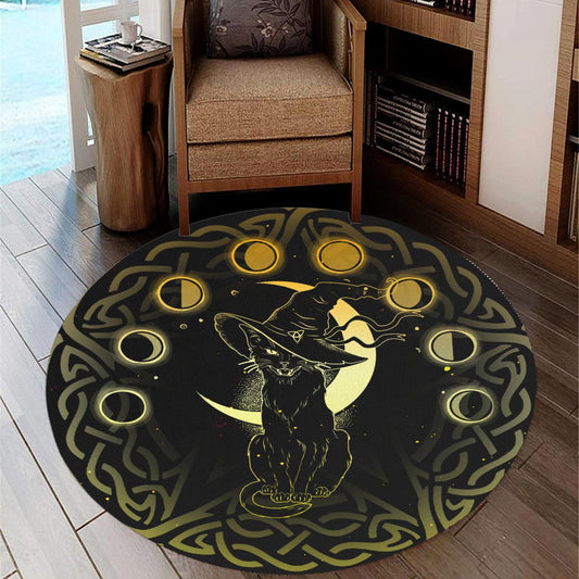 Moon Phase Witch Black cat Round Rug