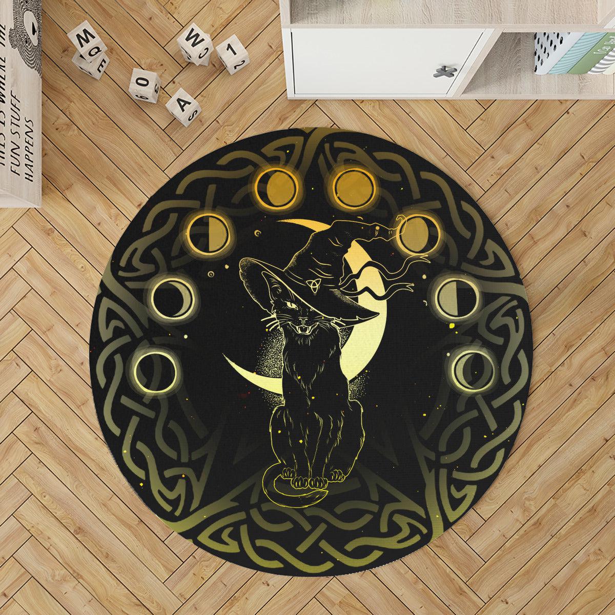 Moon Phase Witch Black cat Round Rug-MoonChildWorld