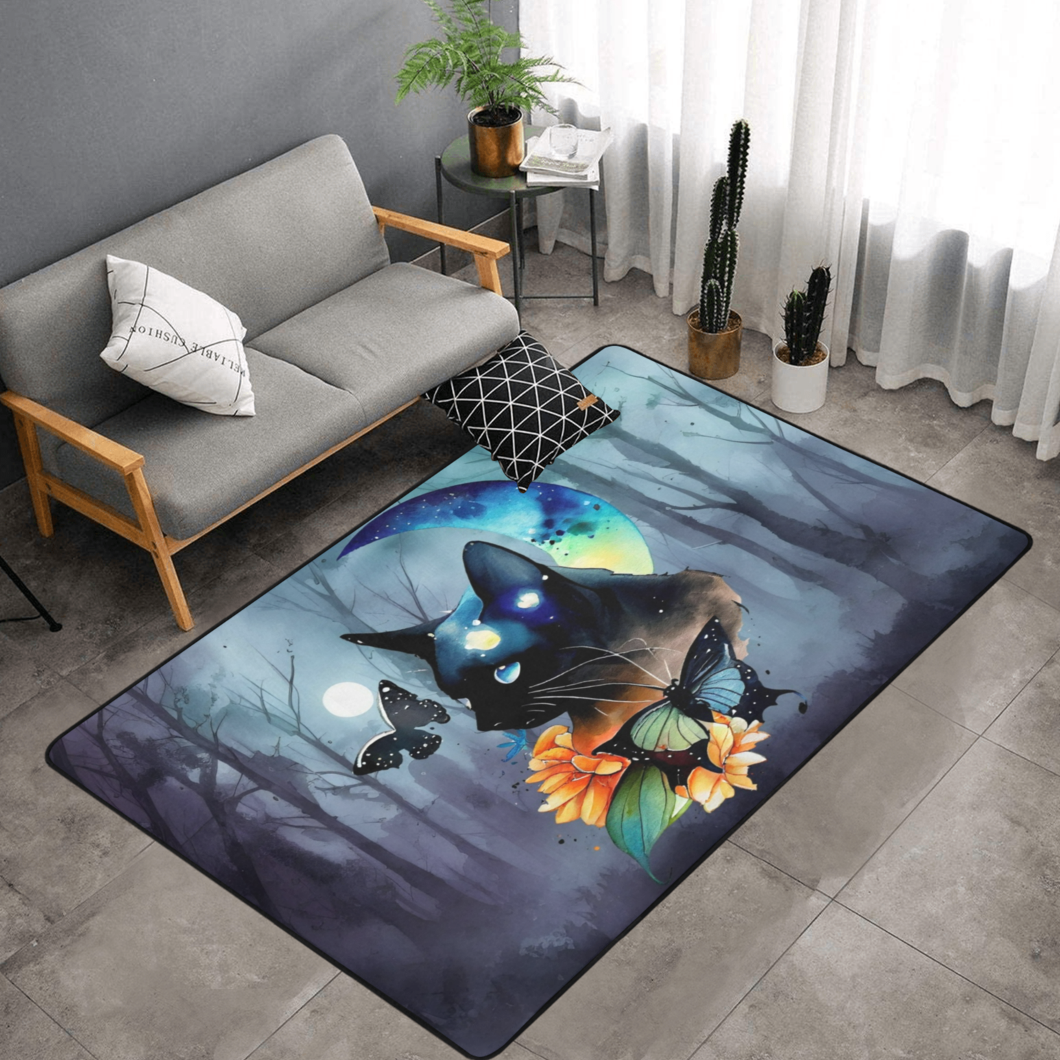 Witch black cat area rug Gothic rug-MoonChildWorld