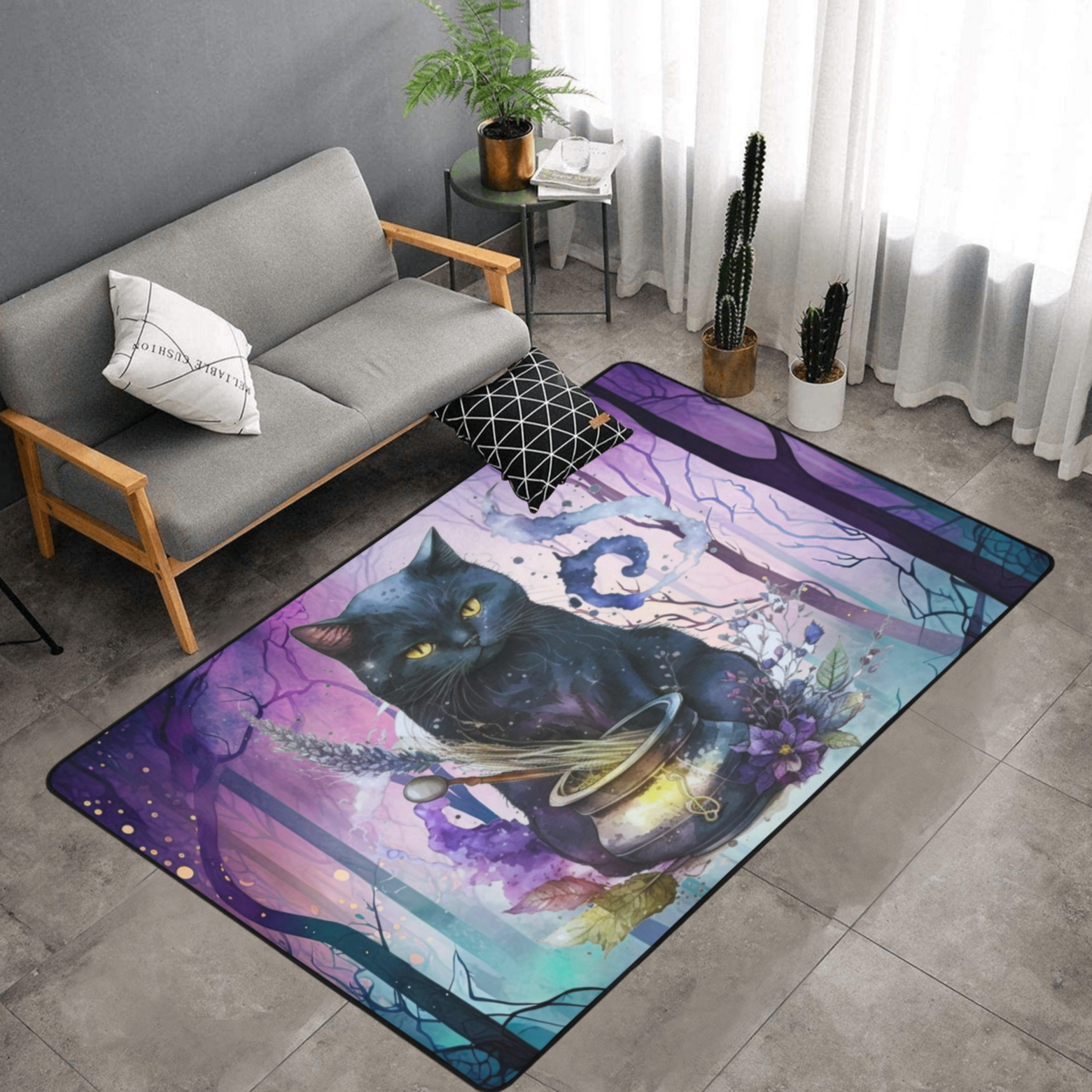 Magic black cat area rug Halloween Witch rug-MoonChildWorld