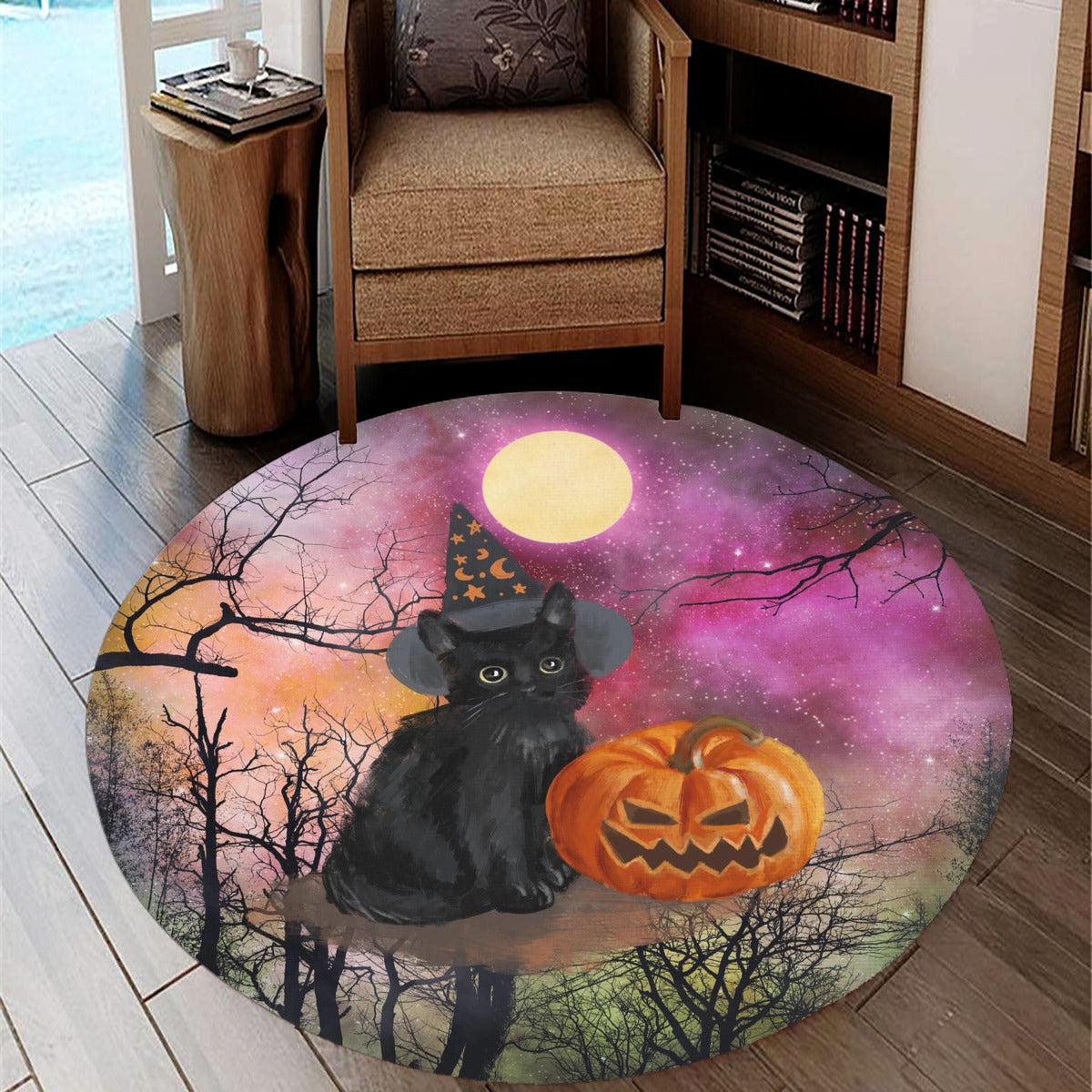Black cat Round Rug Halloween Witch Round Rug-MoonChildWorld