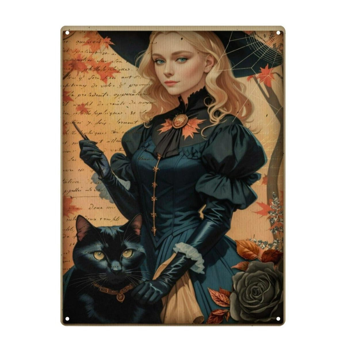 Black cat Autumn Witch Metal Sign-MoonChildWorld