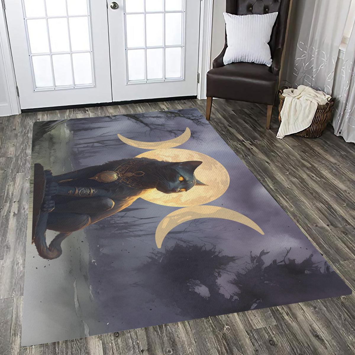 Black cat moon area rug Gothic rug-MoonChildWorld