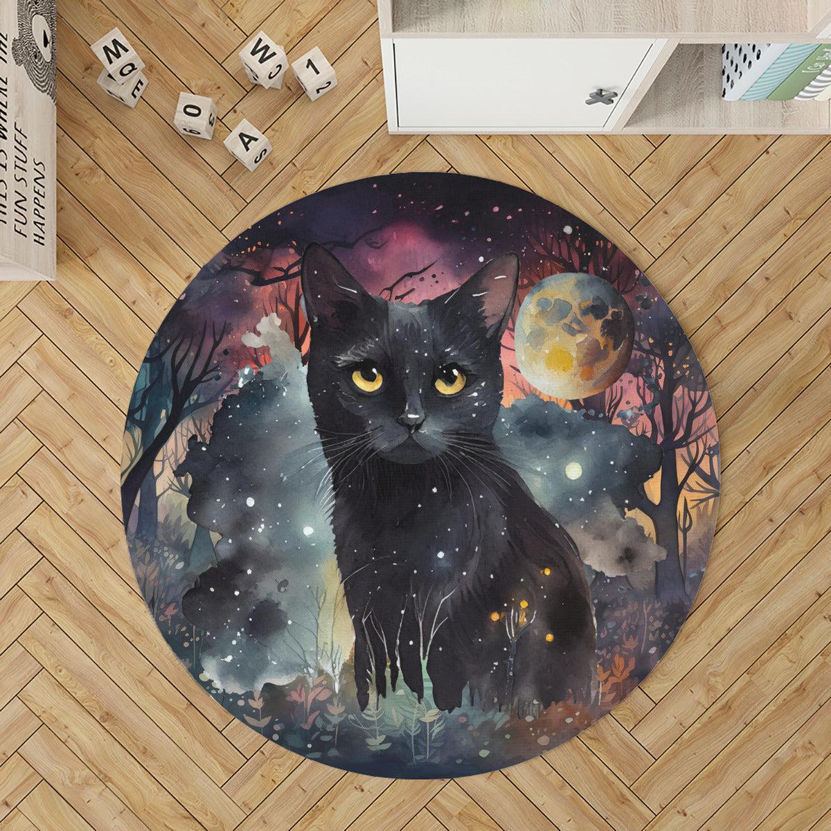 Moon Black Cat Round Rug Gothic Rug-MoonChildWorld
