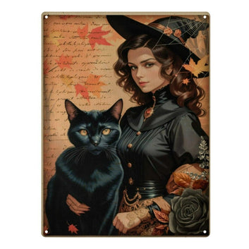 Black cat Autumn Witch Metal Sign