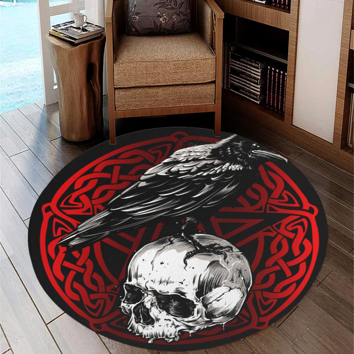 Gothic raven skull witch Round Rug-MoonChildWorld