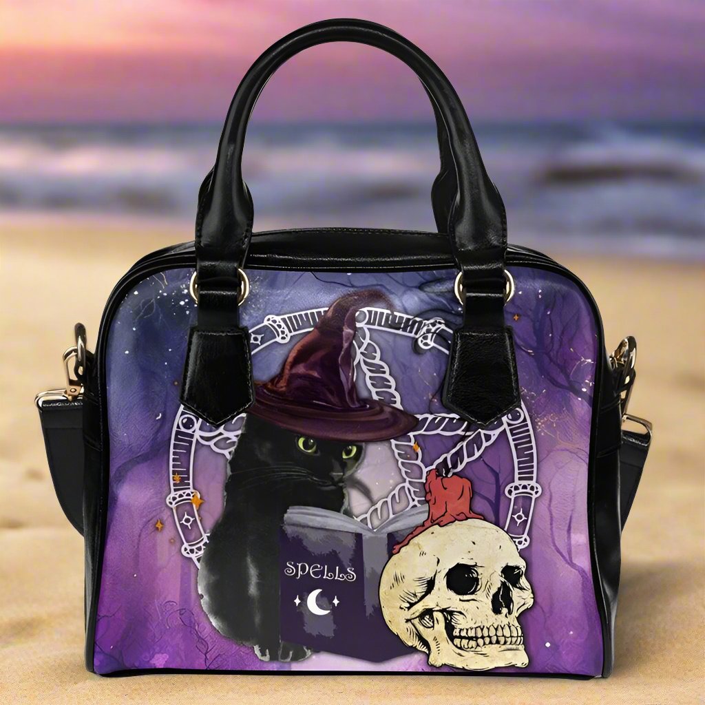 Black cat skull Gothic halloween Shoulder Handbag-MoonChildWorld