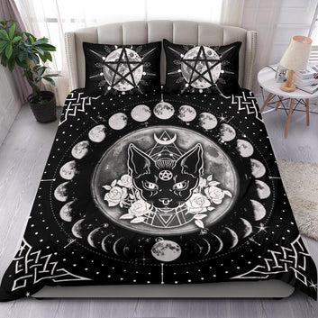 Occult cat moon phase wicca bedding set