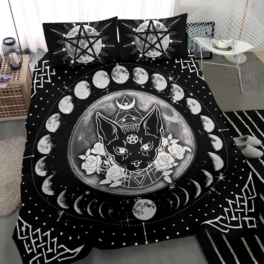 Occult cat moon phase wicca bedding set-MoonChildWorld