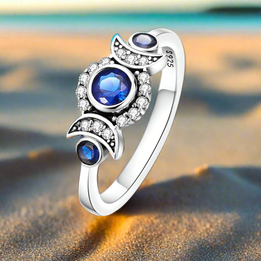 Blue Zircon Triple moon wiccan ring-MoonChildWorld