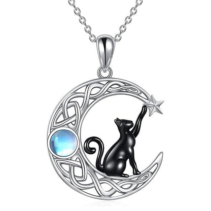 Genuine silver 925 Celtic knot black cat moon necklace with a blue moonstone and star.
