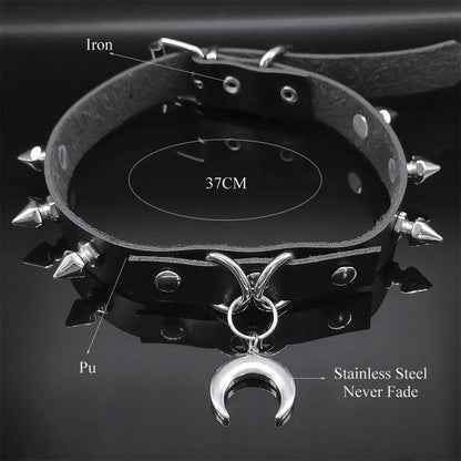 Gothic black PU leather choker with silver spikes and a stainless steel crescent moon pendant.