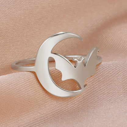 Gothic Moon Bat Ring Witch Halloween Accessories-MoonChildWorld