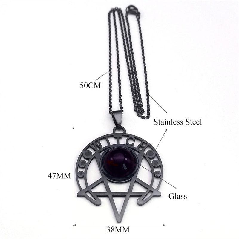 Dark magic inverted pentacle necklace: 50cm stainless steel chain, 47x38mm black pendant with "WITCH" and purple glass.