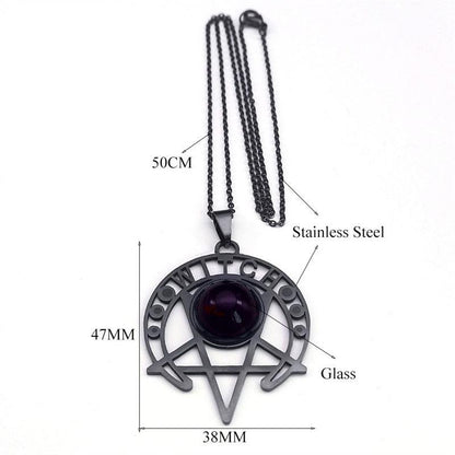 Dark magic inverted pentacle necklace: 50cm stainless steel chain, 47x38mm black pendant with "WITCH" and purple glass.