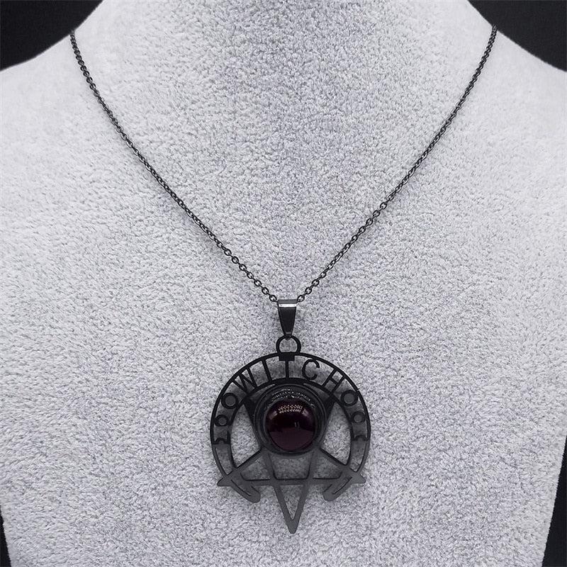 Gothic Witch Dark Magic Inverted Pentacle Necklace, black stainless steel with a dark red gem.