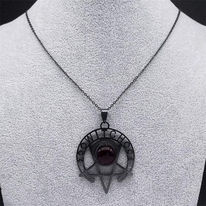Gothic Witch Dark Magic Inverted Pentacle Necklace, black stainless steel with a dark red gem.