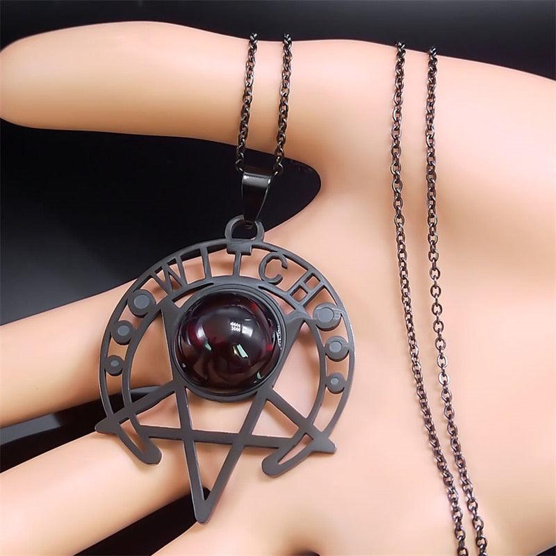 Gothic Witch Dark Magic Inverted Pentacle Necklace: Black stainless steel pendant with a deep red gem, 50cm chain.