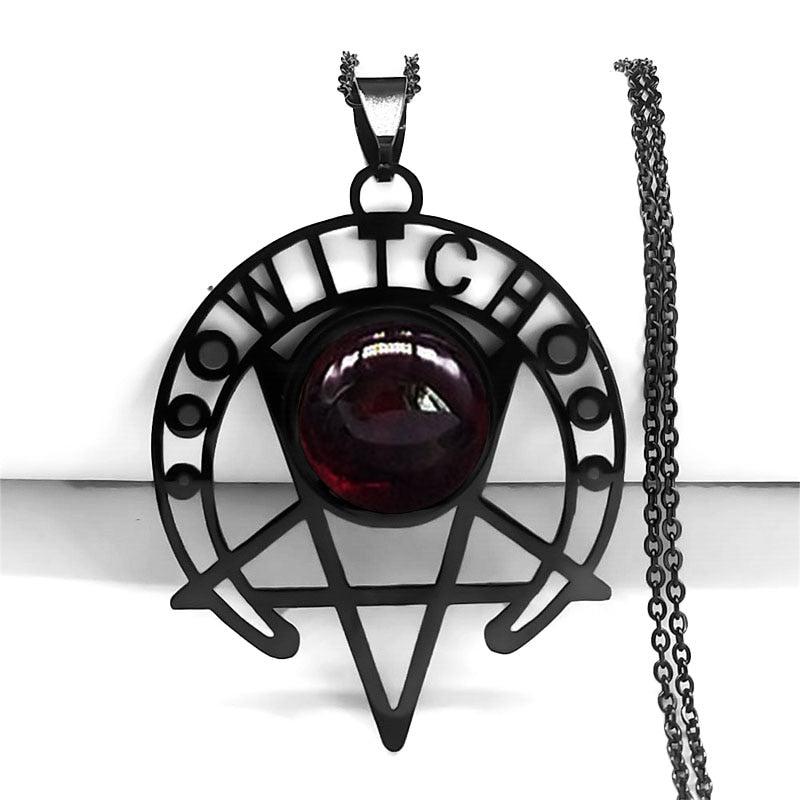 Gothic Witch Dark Magic Inverted Pentacle Necklace: Black stainless steel pendant with a deep red gem.