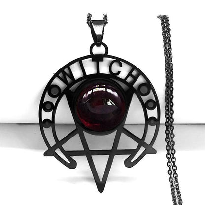 Gothic Witch Dark Magic Inverted Pentacle Necklace: Black stainless steel pendant with a deep red gem.