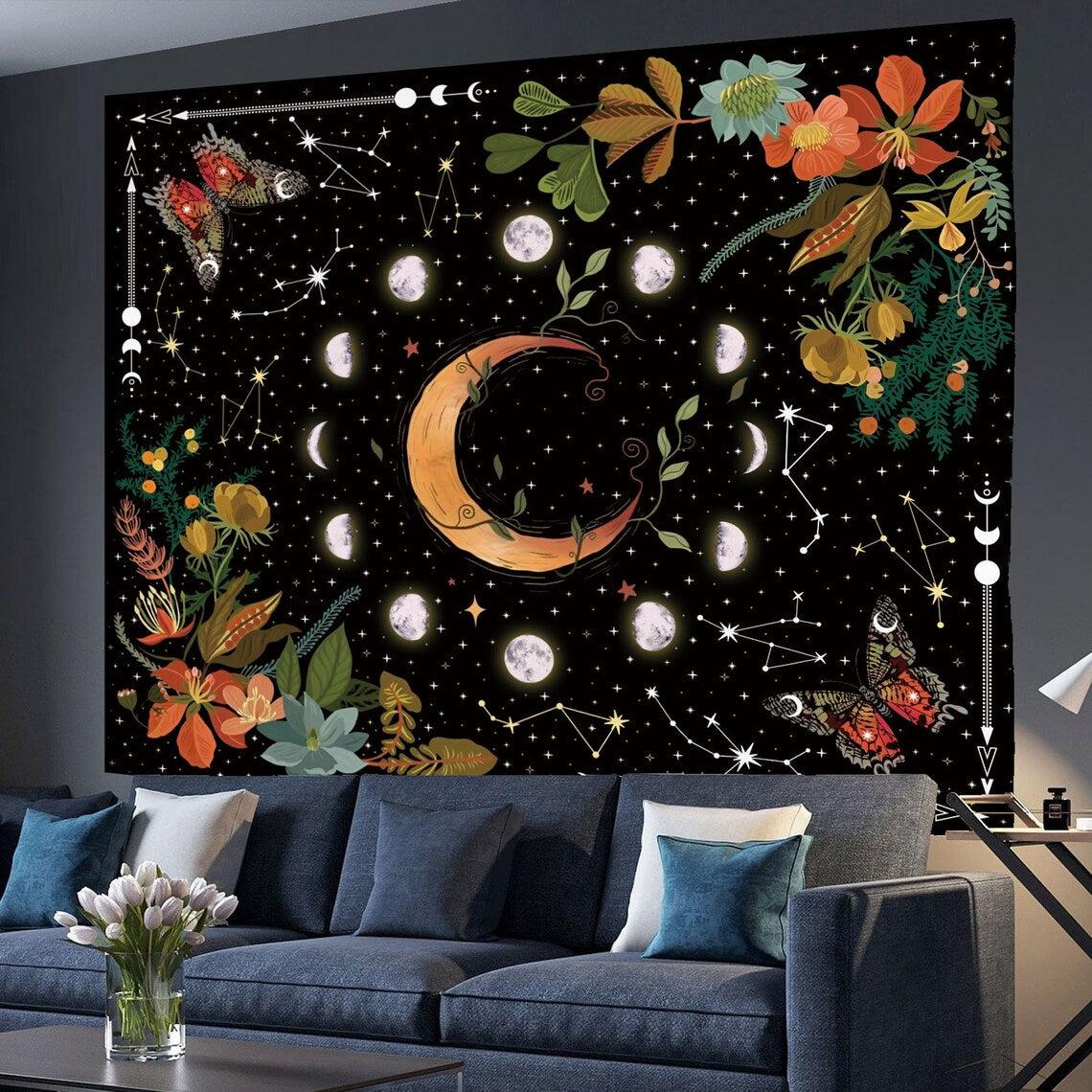 Moon Phase Tapestry Celestial Floral Aesthetic Tapestry-MoonChildWorld