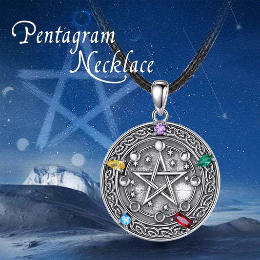 Sterling silver Moon phase Pentacle Necklace with colorful gemstones on a black cord.