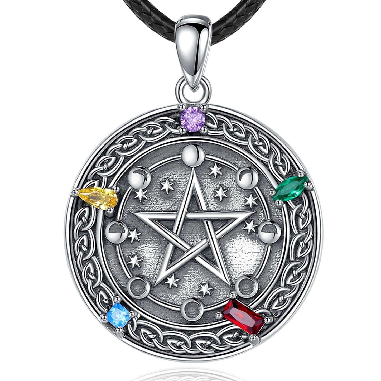 Sterling silver Moon phase Pentacle Necklace with colorful gemstones, intricate Celtic knotwork, and a black cord.