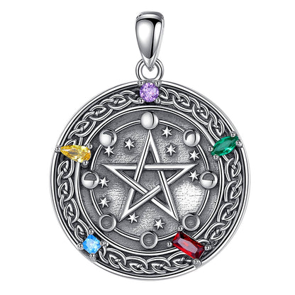925 sterling silver Moon phase Pentacle Necklace with colorful gemstones, intricate Celtic knotwork, and celestial details.
