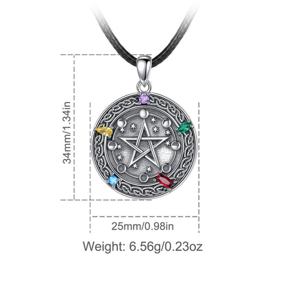 Sterling silver Moon phase Pentacle Necklace with colorful gemstones on a black cord.