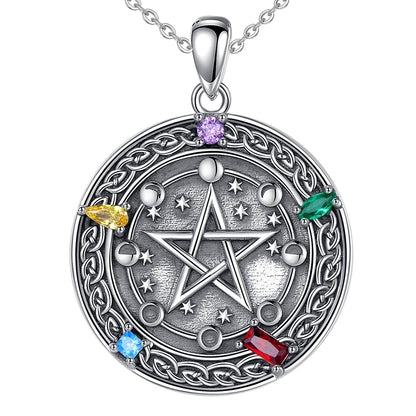 Sterling silver Moon phase Pentacle Necklace with colorful gemstones, intricate Celtic knotwork, and stars.