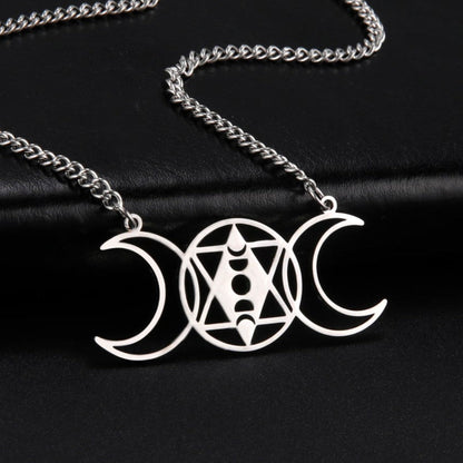 Striking stainless steel Occult Witch Triple Moon Wicca necklace, 48x22.1mm pendant, perfect for mystical style.
