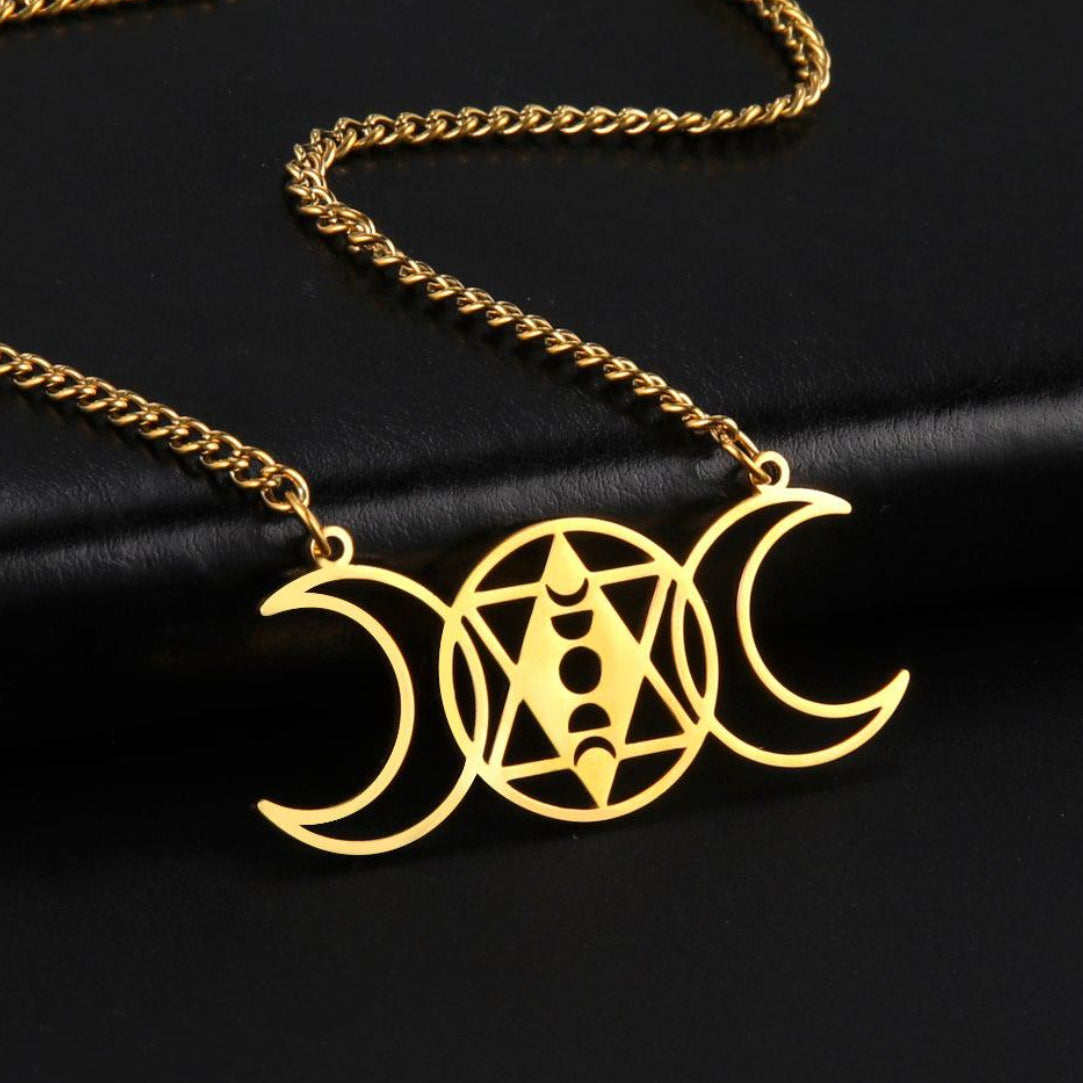 Gold stainless steel Occult Witch Triple Moon Wicca Necklace, 48x22.1mm pendant with crescent moons and star.