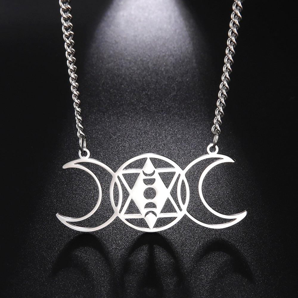 Occult Witch Triple Moon Wicca Necklace: Stainless steel pendant (48x22.1mm) with crescent moons and geometric star.