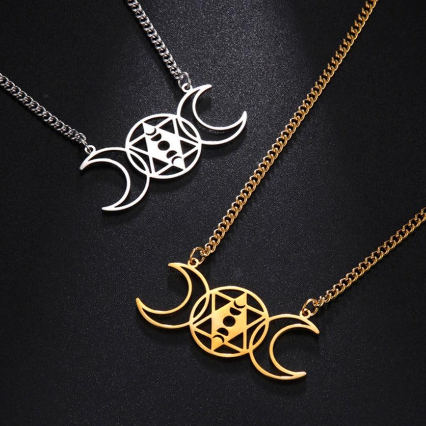 Occult Witch Triple Moon Wicca Necklace, 48x22.1mm stainless steel pendant in silver and gold.
