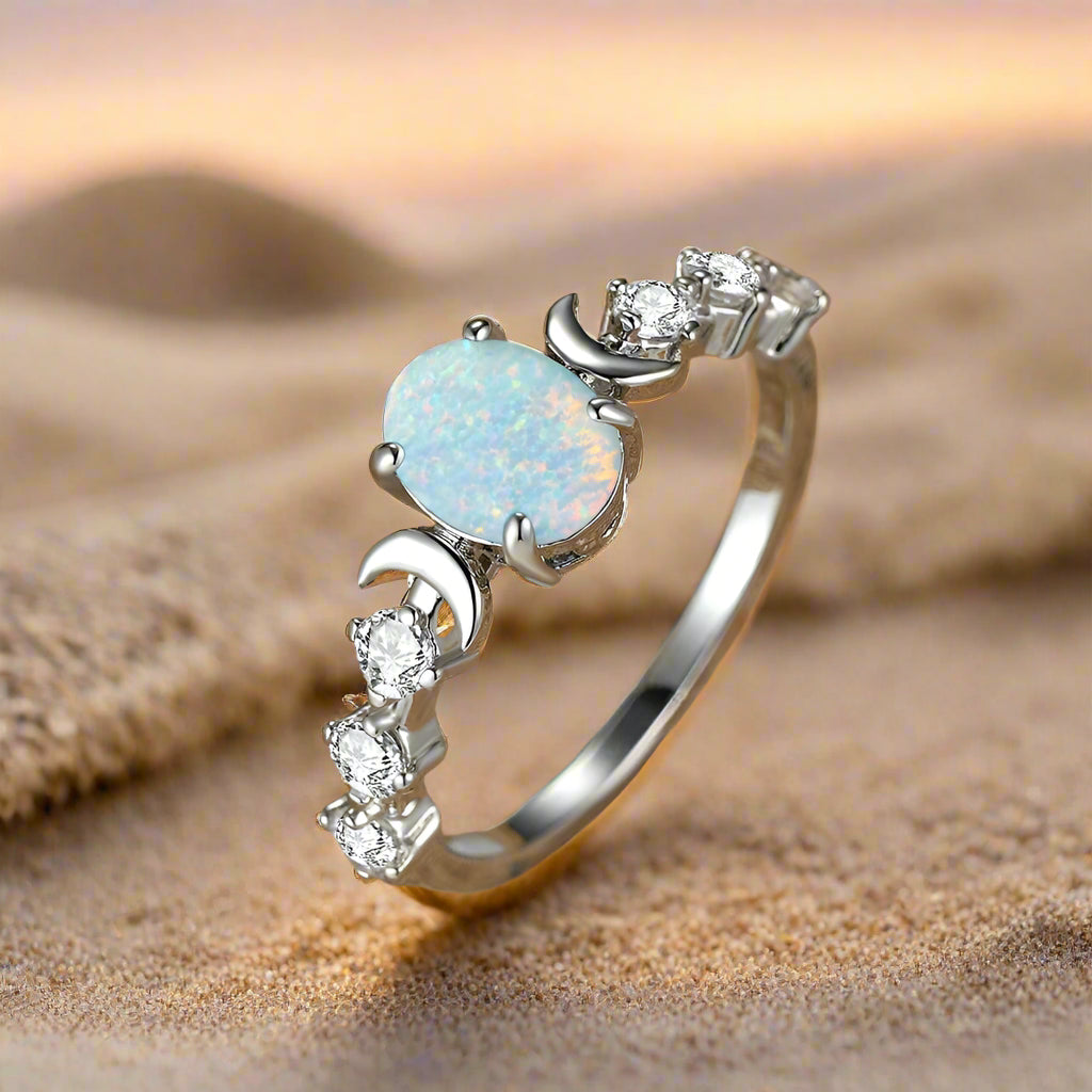 Rainbow White Fire Opal Ring Triple Moon Wiccan Ring-MoonChildWorld