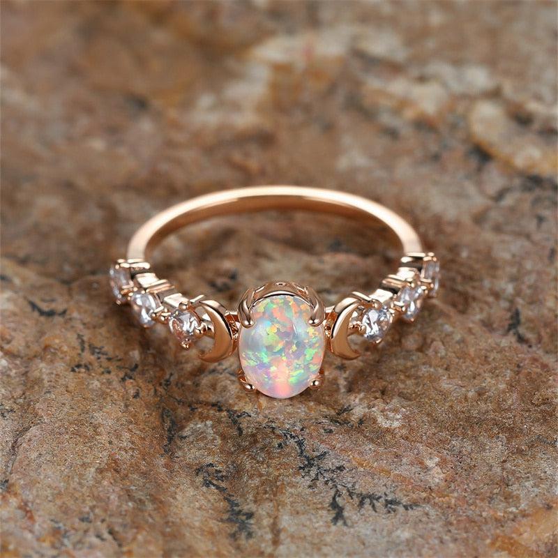 Rainbow White Fire Opal Ring Triple Moon Wiccan Ring-MoonChildWorld