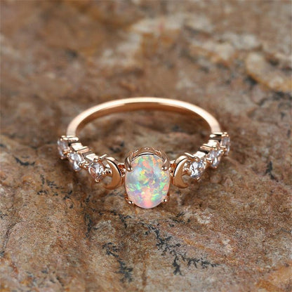 Rainbow White Fire Opal Ring Triple Moon Wiccan Ring-MoonChildWorld