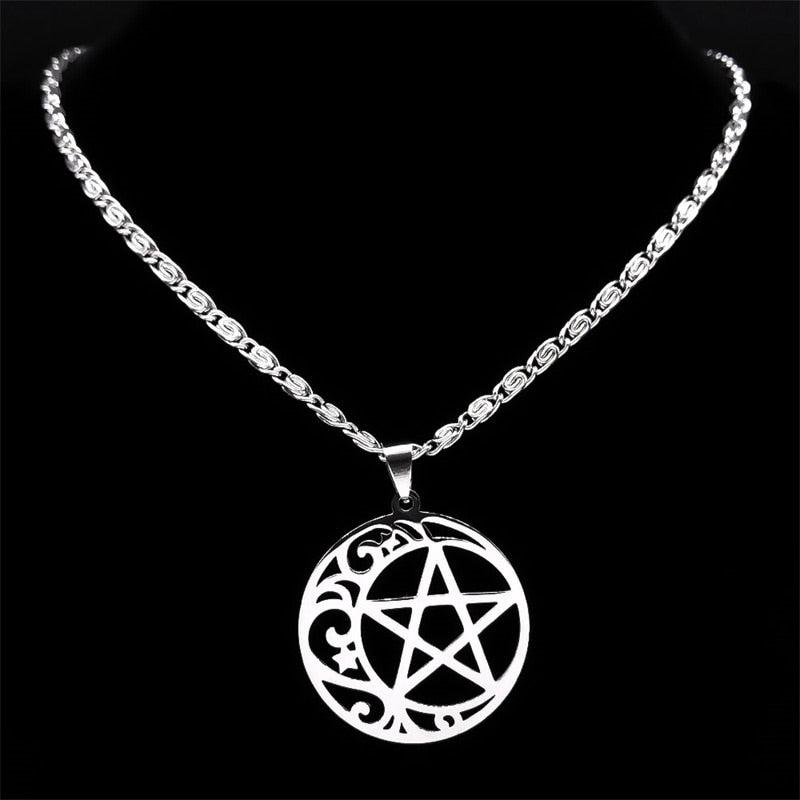 Pentagram Moon Necklace Wiccan Jewelry-MoonChildWorld