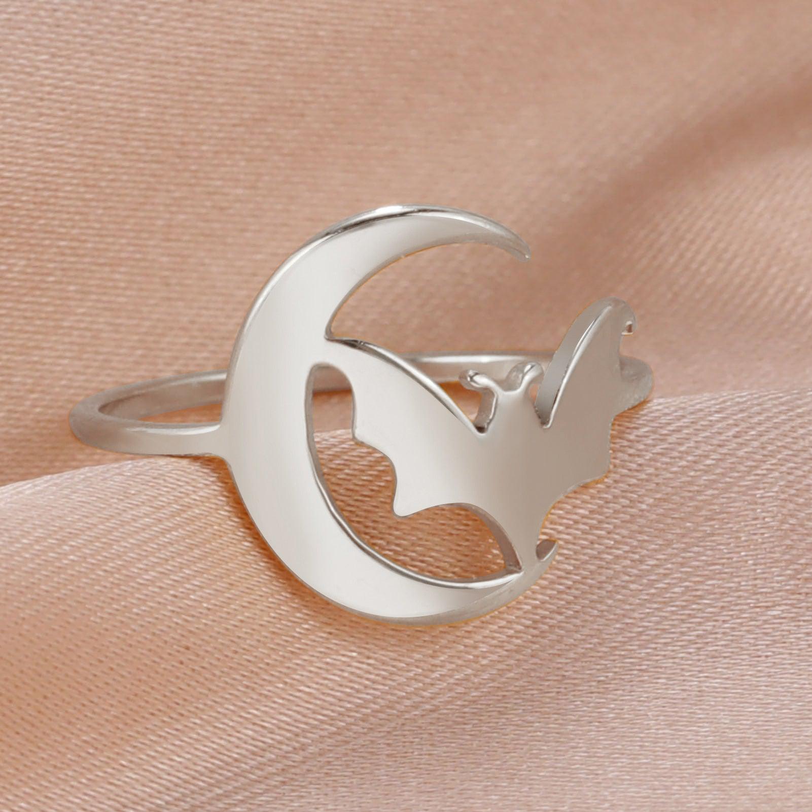 Gothic Moon Bat Ring Witch Halloween Accessories-MoonChildWorld