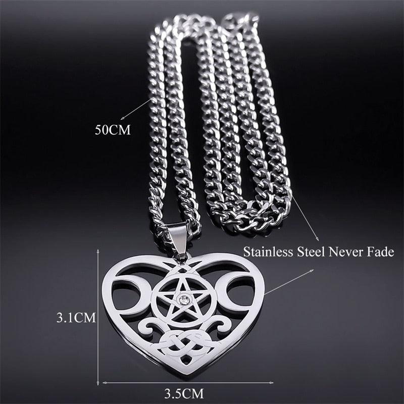 Wicca Heart Triple Moon Pentagram Necklace-MoonChildWorld