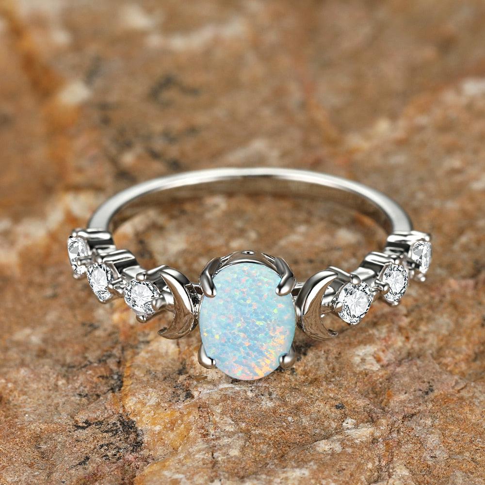 Rainbow White Fire Opal Ring Triple Moon Wiccan Ring-MoonChildWorld