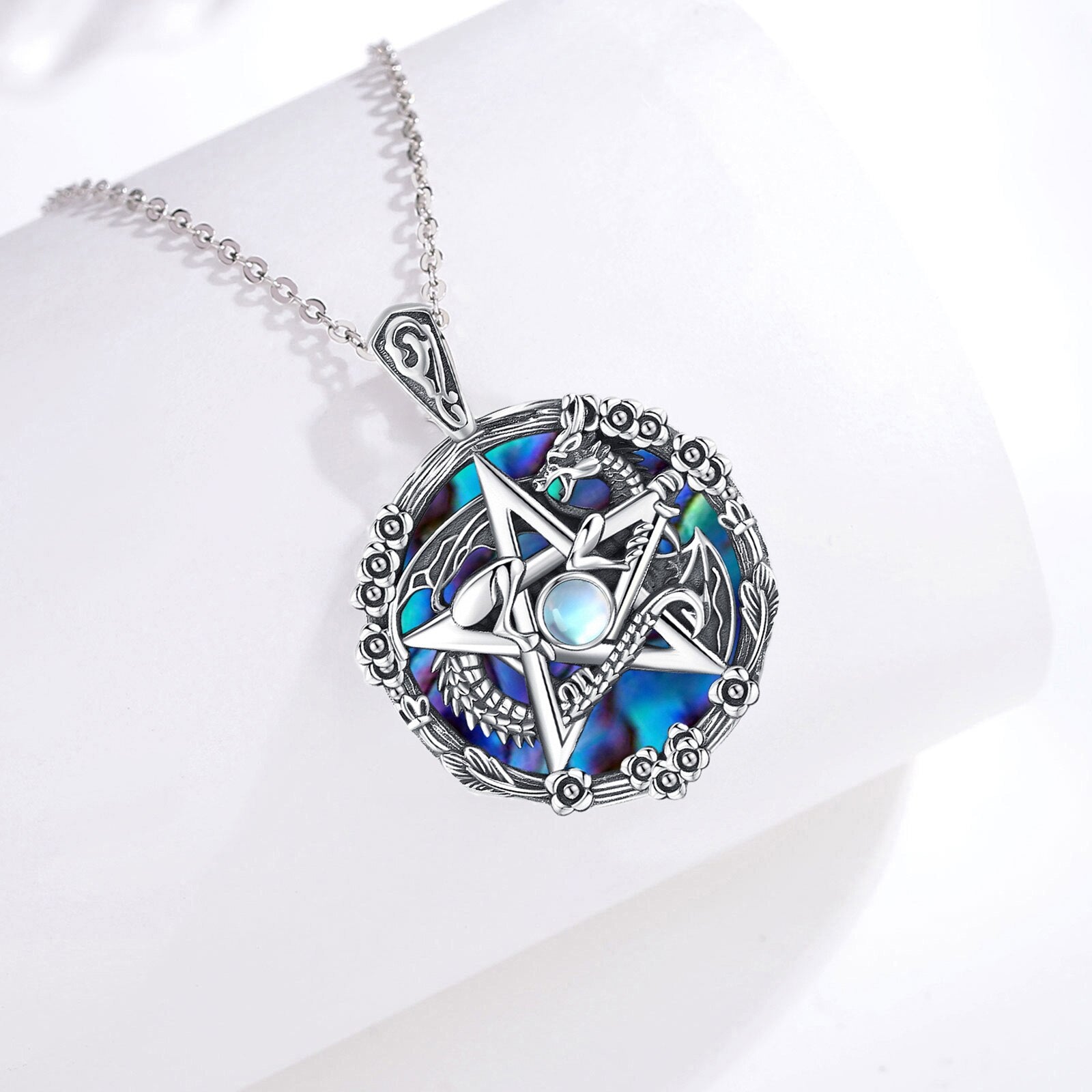 Moonstone Abalone Shell Dragon Pentagram Necklace-MoonChildWorld