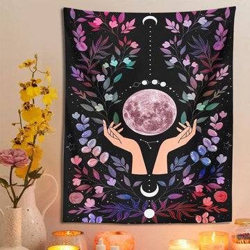 Botanical Moon Tapestry Magic Hand Psychedelic Flower Witchy Tapestry-MoonChildWorld