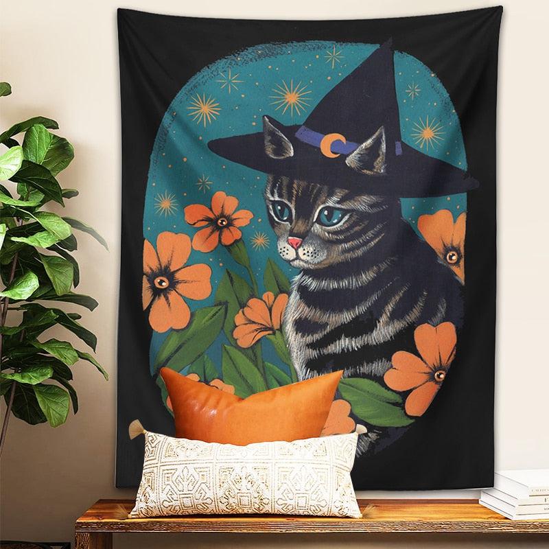 Witch cat Tapestry Wall Hanging Black cat witchcraft Tapestry-MoonChildWorld