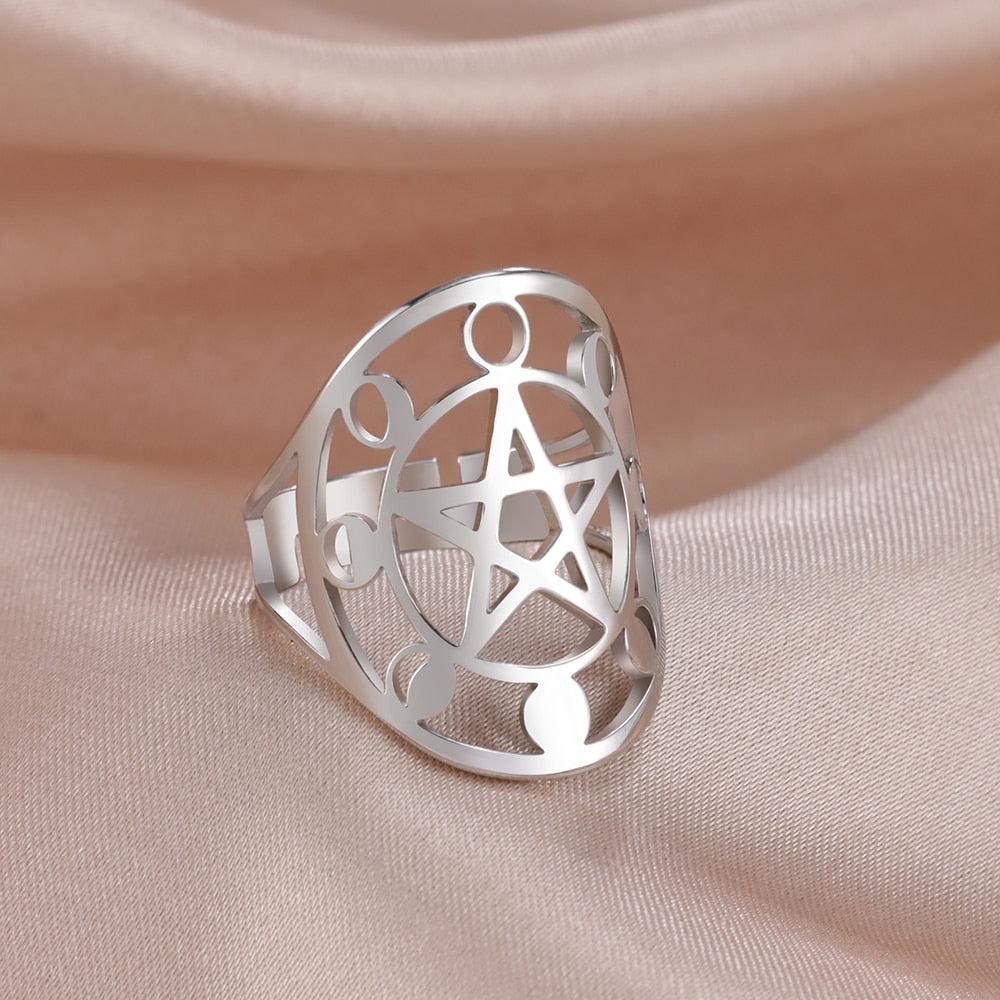 Pentagram Moon Phase Ring Wicca Pagan Jewelry-MoonChildWorld