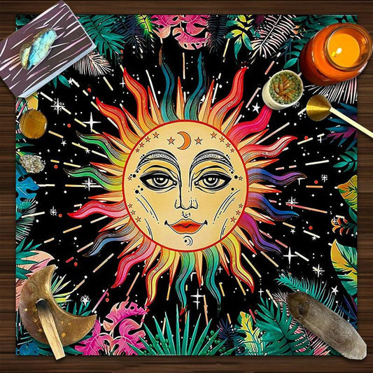 Burning sun Tarots Tablecloth Botanical leaf sun moon Pagan Altar Cloth-MoonChildWorld