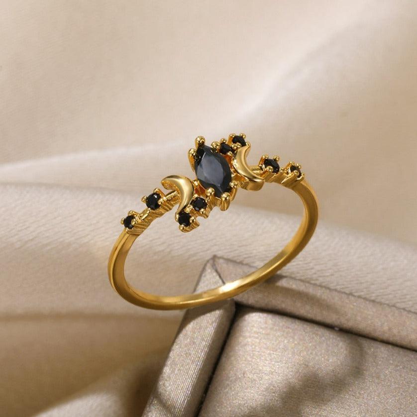Black Zircon Triple moon Ring Wiccan Jewelry-MoonChildWorld