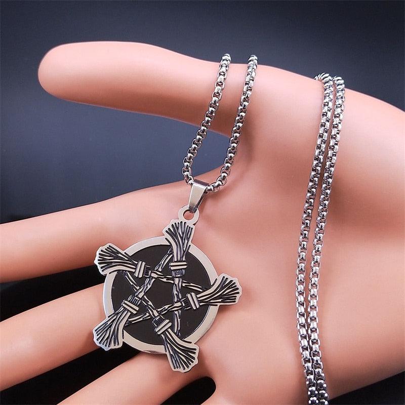 Witchcraft Pentagram Witch Broom Necklace-MoonChildWorld