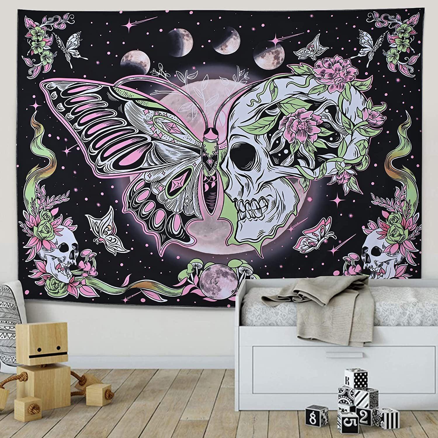 Butterfly Moon phase skull Tapestry Aesthetic Tapestry Witchy Wall Hanging-MoonChildWorld